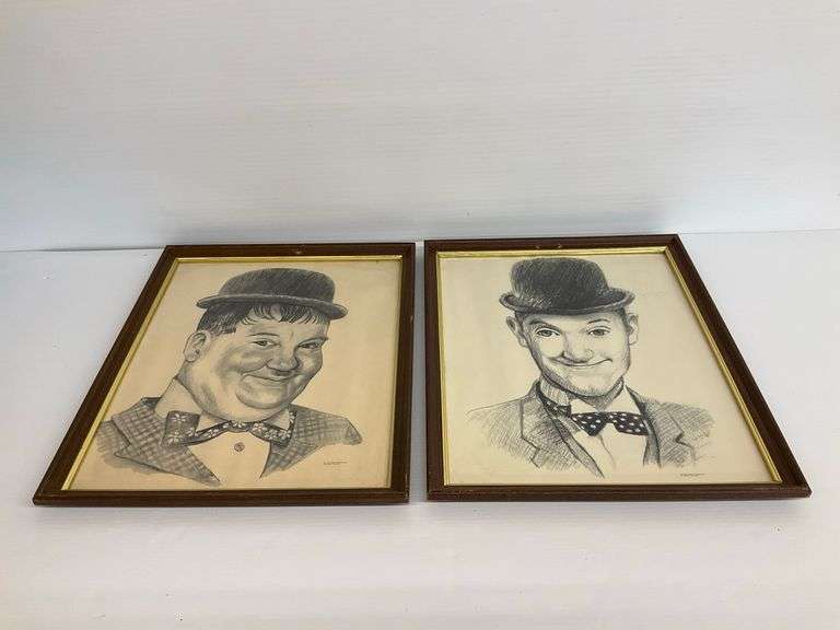 Laurel and Hardy Pencil Sketches Framed - Robert Floodstrand 1970 image