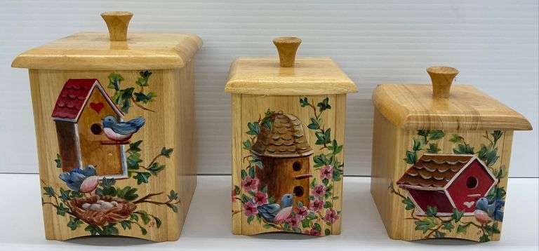 Three Painted Wooden Birdhouse Canisters image