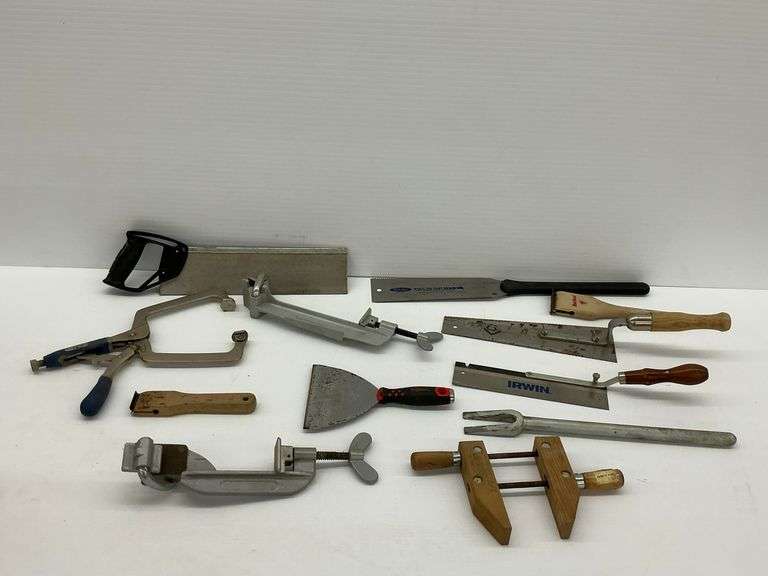 Lot of Assorted Hand Tools Including Saws, Clamps, Scrapers, and More image