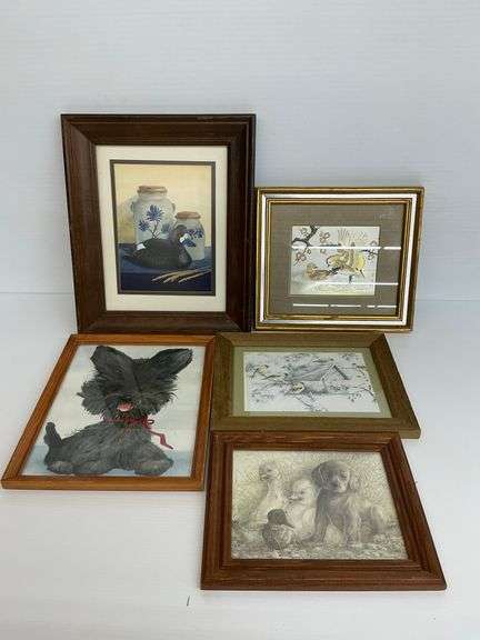 Collection of Five Framed Prints - Duck, Dog, and Bird Themes image