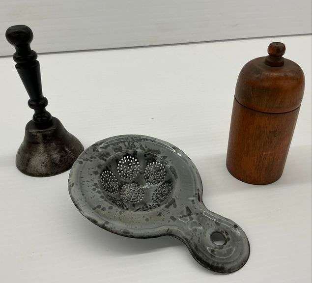 Vintage Kitchenalia: Bell, Tea Strainer, and Wooden Match Holder image