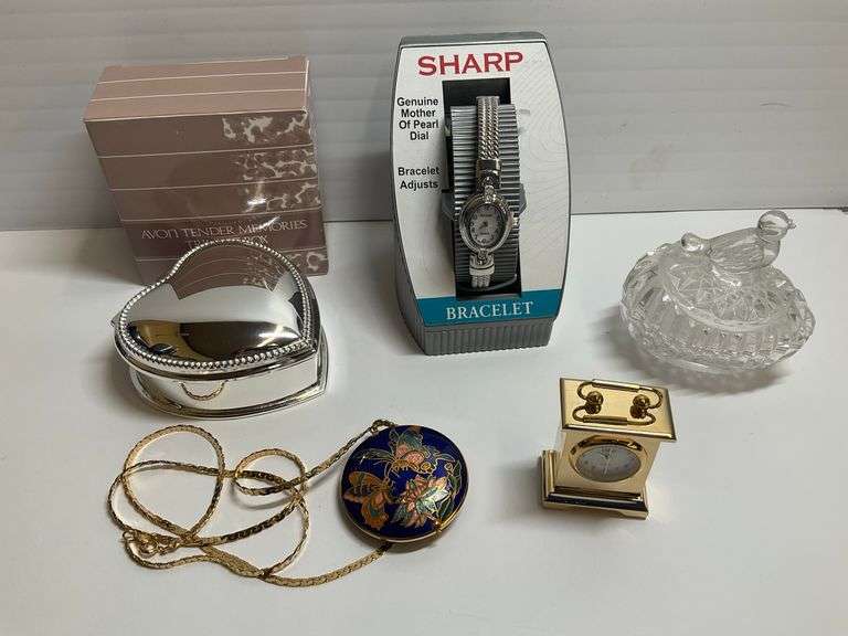 Sharp Watch, Avon Trinket Box, Crystal Bird Box, Clock, Jewelry image
