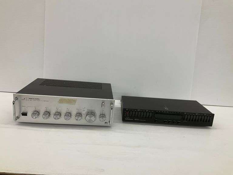 Realistic 100 Watt P.A. Amplifier and AudioSource EQ-100 Graphic Equalizer...powers on image