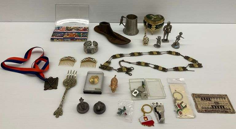 Pewter Figures, Enamel Hair Combs, Belt, Shoe Mold, and Other Items image