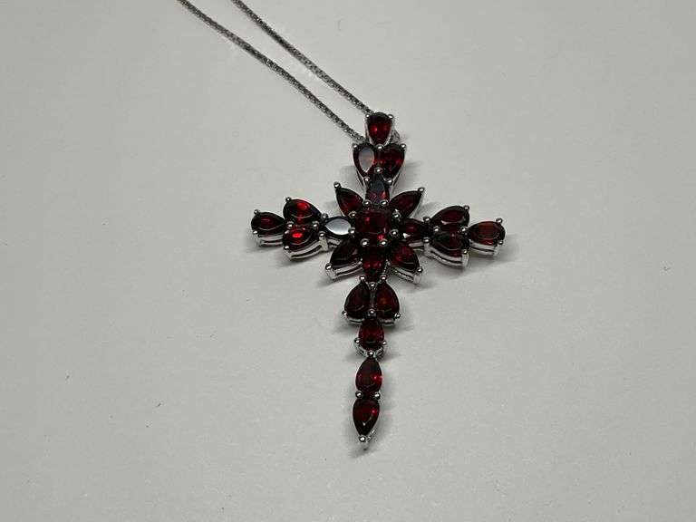 Sterling Silver Red Gemstone Cross Pendant Necklace image