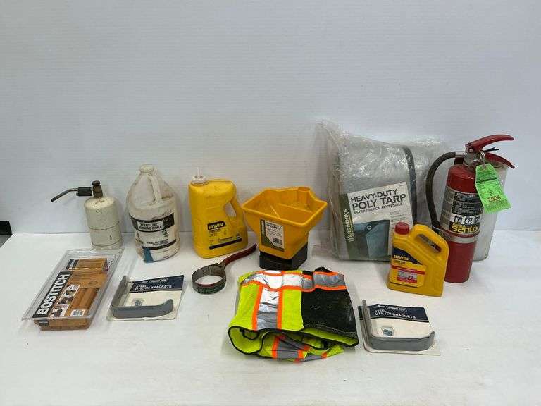 Job Lot of Tools and Safety Equipment Including Chalk, Tarp, Fire Extinguisher image
