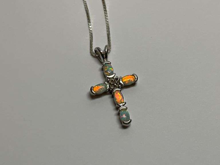 Sterling Silver Opal Cross Pendant Necklace image