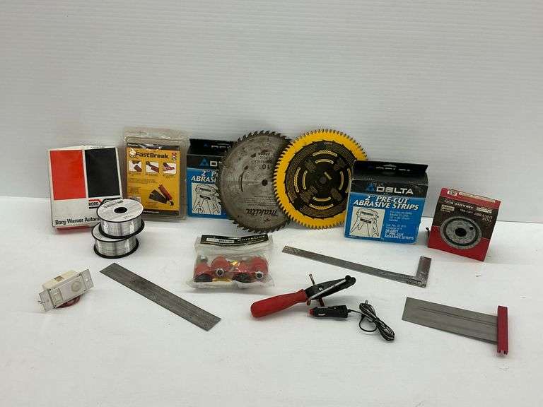 Mixed Lot of Saw Blades, Abrasives, Automotive Parts, and Tools image