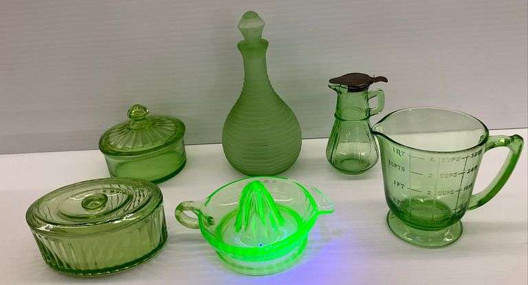 Uranium Glass Decanter, Juicer, Measuring Cup, and More image