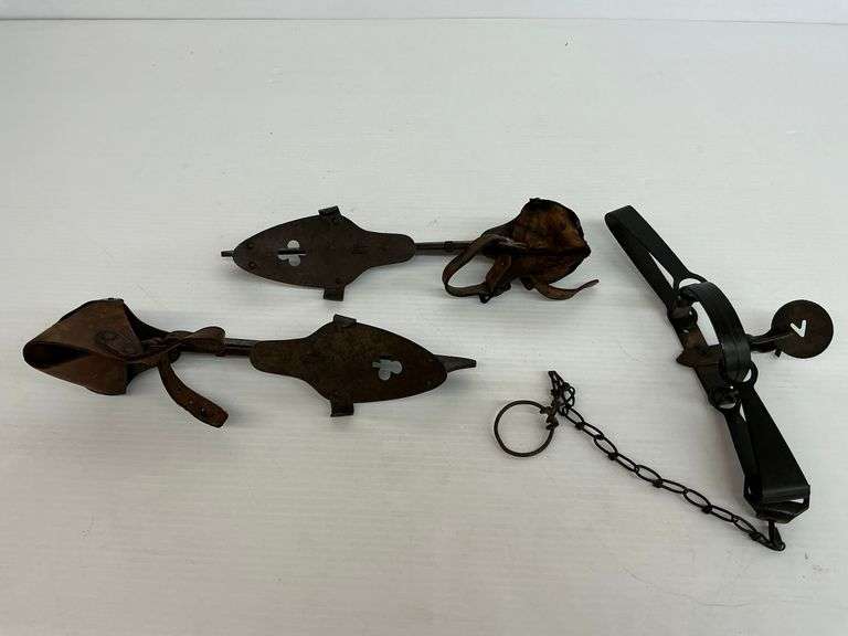 Vintage Animal Trap and Pair of Ice Skates w/Leather Straps image
