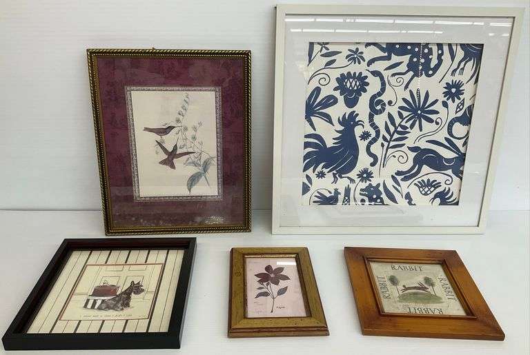 Framed Art: Birds, Rabbit, Dog, and Floral Prints - Group of Five image