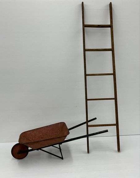 Vintage Metal Toy Wheelbarrow and Ladder image