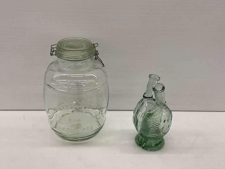 Glass Jar with Lid and Decorative Green Glass Dual Decanter image
