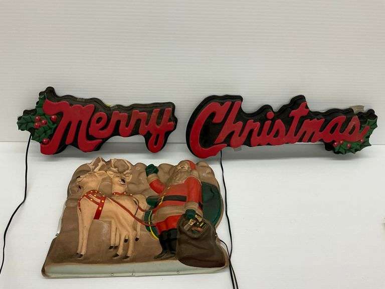 Vintage Holiday Decorations: Merry Christmas Signs and Santa with Reindeer image