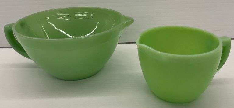 Fire King Jadeite Batter Bowl and Jadeite Measuring Cup UV Reactive image