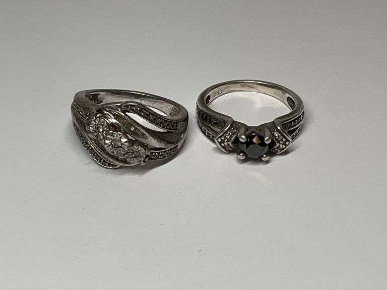 Two Sterling Silver Size 7 Rings - White and Black Gemstone image