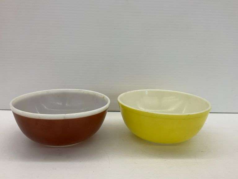 Two Pyrex Mixing Bowls - Yellow and Brown image