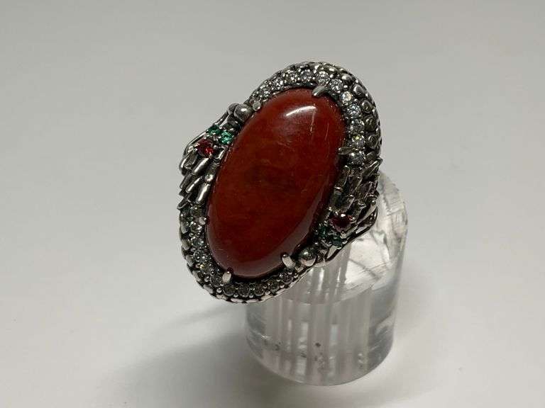 Sterling Silver, 15x25mm Orange Jade & CZ Gem Ring w/Halo of 2 Serpents...Size 8 image