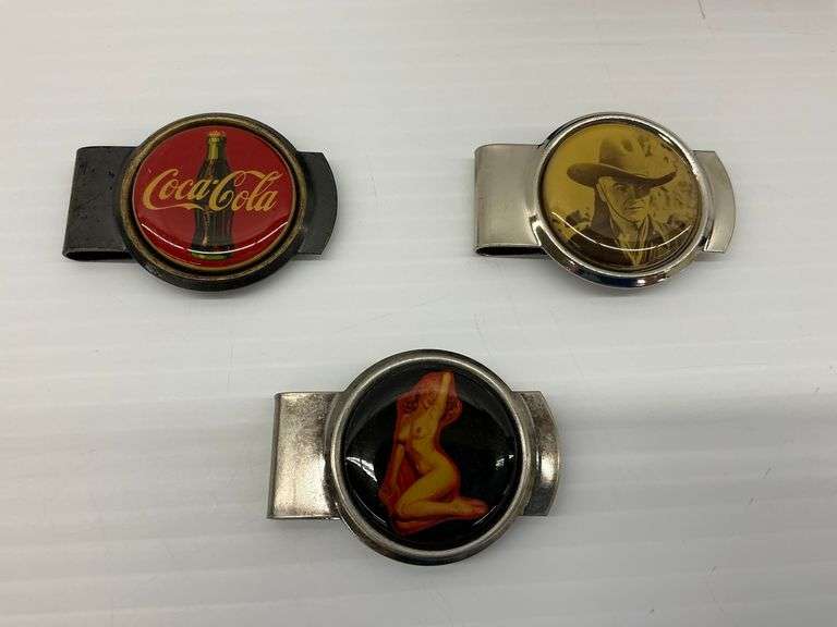 Three Vintage Money Clips - Coca-Cola, Hopalong Cassidy, and Marilyn Monroe image