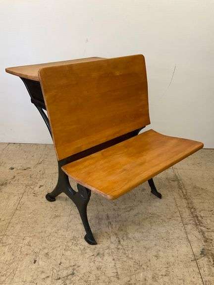 Vintage Wooden School Desk with Cast Iron Base image
