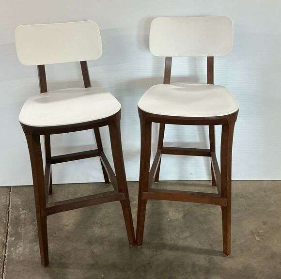 Pair of Brown Wood and White Upholstered Bar/Counter Stools image