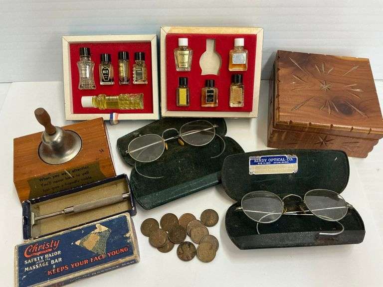 Vintage Collectible Grouping: Perfumes, Eyeglasses, Razor, Pennies & Box image