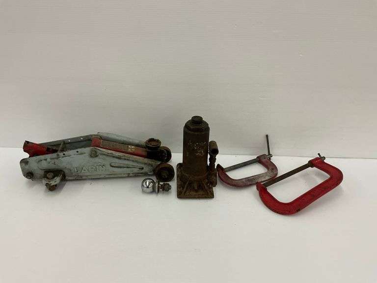 Assorted Tools: Floor Jack, Bottle Jack, Clamps, and Trailer Hitch Ball image