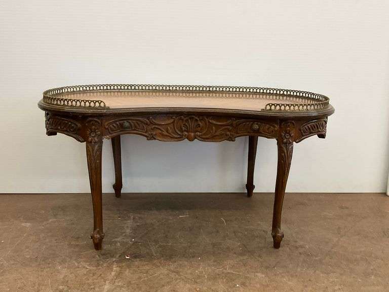 French Style Ornate Kidney Shaped Coffee Table with Inlaid Top and Gallery image