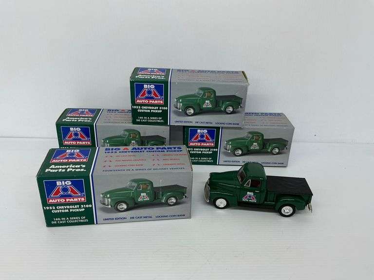 Four 'Big A Auto Parts' 1952 Chevrolet 3100 Custom Pickup Diecast Metal Coin Banks image