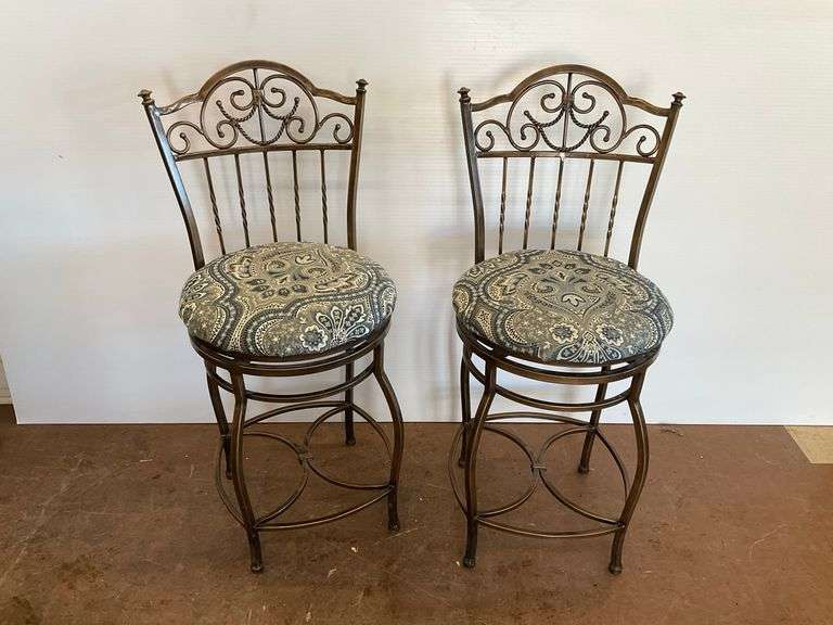 Two Metal Bar Stools with Decorative Backs and Swivel Seats image