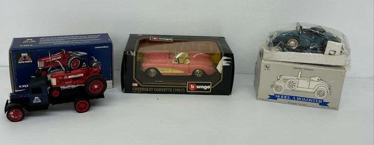 Burago Chevrolet Corvette Diecast Model Car, Ertl Hawkeye Flatbed/Farmall 350 Tractor and Model A Roadster image