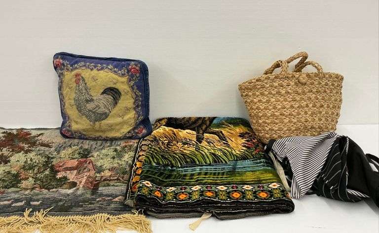 Mixed Lot: Aprons, Tapestries, Throw Pillows, and Straw Tote Bag image
