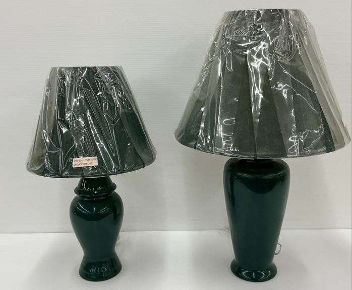 Pair of Dark Green Table Lamps with Shades, work image
