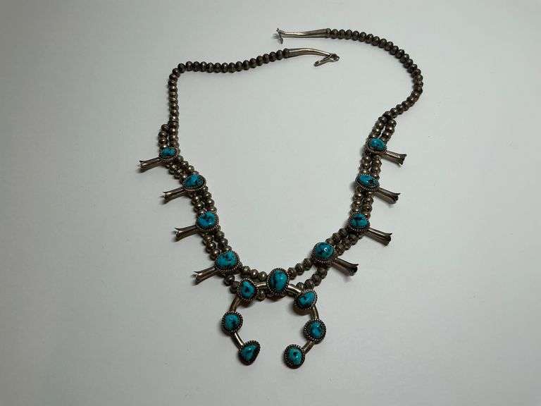 Sterling Silver Squash Blossom Style Necklace with Turquoise image