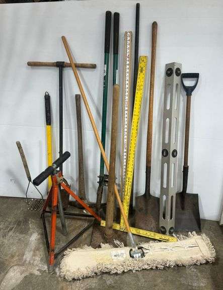 Shovels, Post Hole Digger, Level, Dust Mop, and Other Tools image