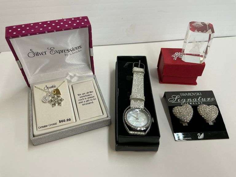 Mixed Jewelry Lot: Silver Expressions Necklace, Swarovski Earrings, Crystal Angel, and Watch image