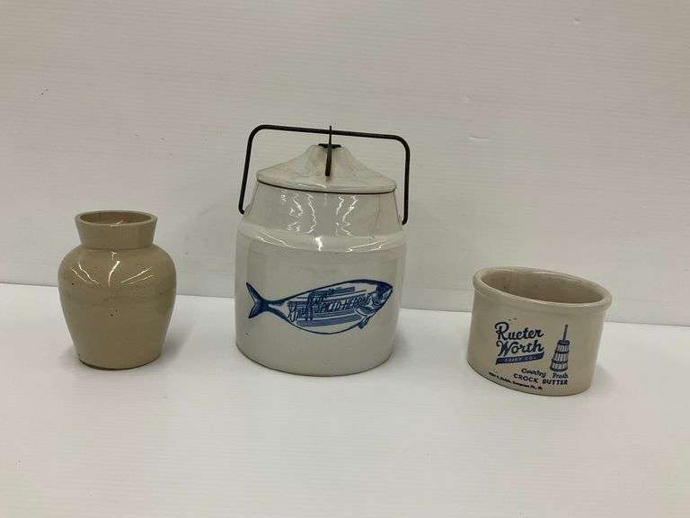 Stoneware: Butter Crock, Vase, and Herring Jar... some cracks image