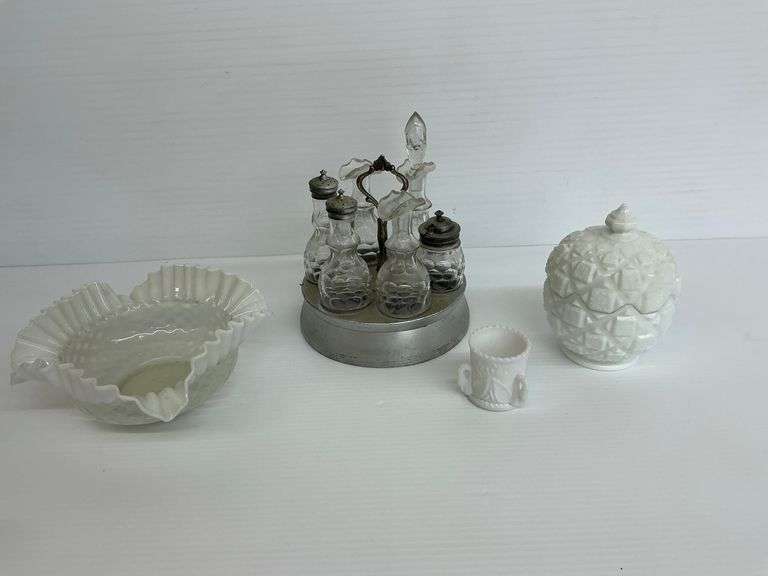 Assorted Vintage Glassware: Condiment Set, Bowl, Jar, and Toothpick Holder image