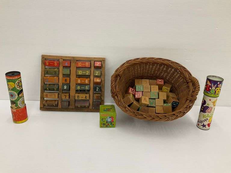 Vintage Educational Toys: Blocks, Math Toy, Kaleidoscopes, Toadstool Game image