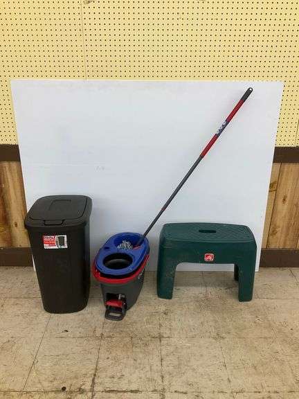 Hefty Touch Lid Trash Can, O-Cedar Spin Mop, and Plastic Step Stool image