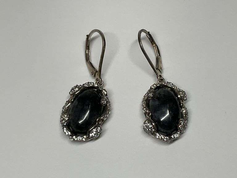 Sterling Silver, 9x14mm Marbled Grey Jade & Multi CZ Gem 1.31in. Leverback Dangle Earrings image