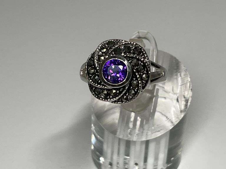 Sterling Silver, Amethyst & Multi Marcasite Gemstone Ring...Size 6 image