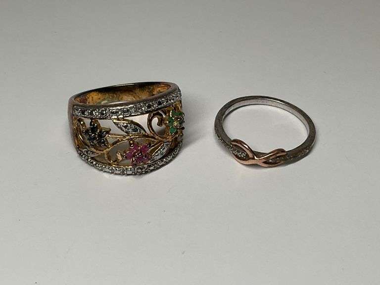 Sterling Silver Infinity Ring with 10K Gold Accents & Sterling and Gemstone Floral Ring (missing a stone) image