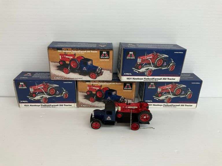 Five Ertl Big A 1931 Hawkeye Flatbed Farmall 350 Tractor Diecast Truck & Tractor Sets image