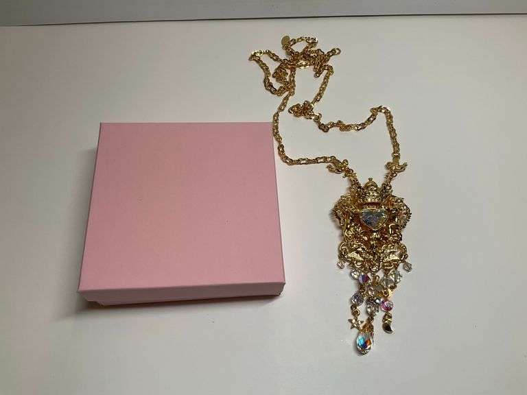 Kirk's Folly Medieval Gold Tone AB Crystal Heart Dangle Pin Brooch Necklace image