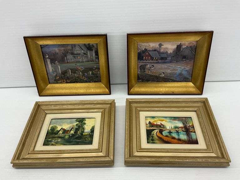 Four Framed Pictures with Landscape and Farmhouse Scenes image