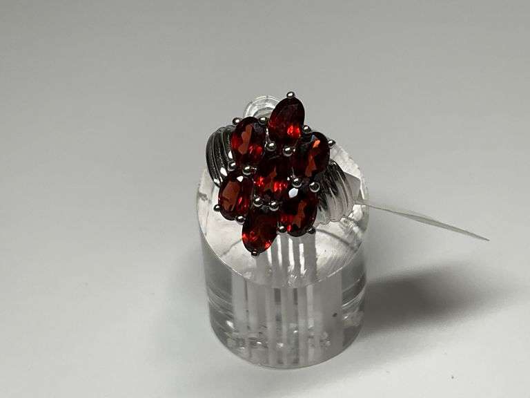 Sterling Silver Ring with Red Gemstones...Size 5 image