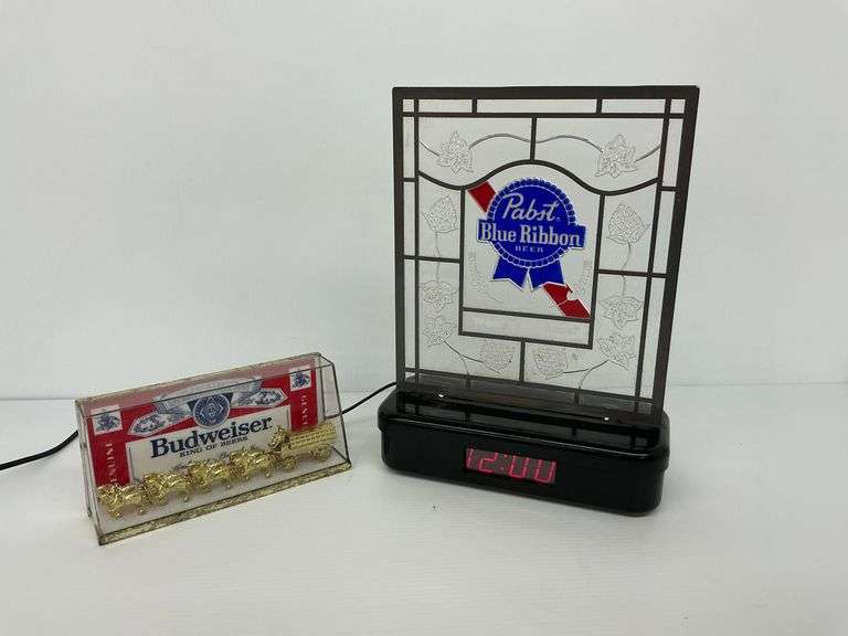 Budweiser Clydesdale Display and Pabst Blue Ribbon Clock... powers on image