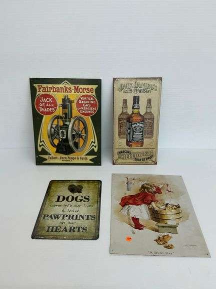 Mixed Lot of Metal Advertising Signs: Fairbanks Morse, Jack Daniels, Dog, and Busy Day image