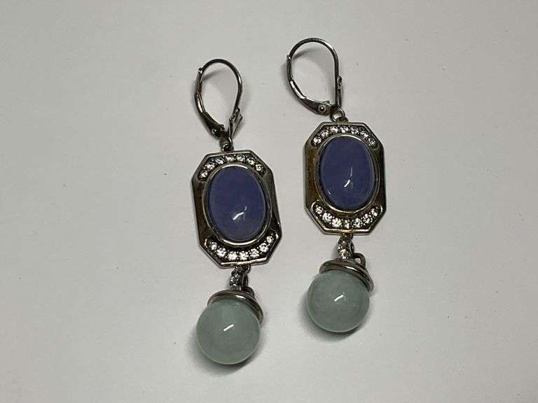 Sterling Silver Lavender & Green Jade w/CZ Accents 2.125 in. Leverback Dangle Earrings image
